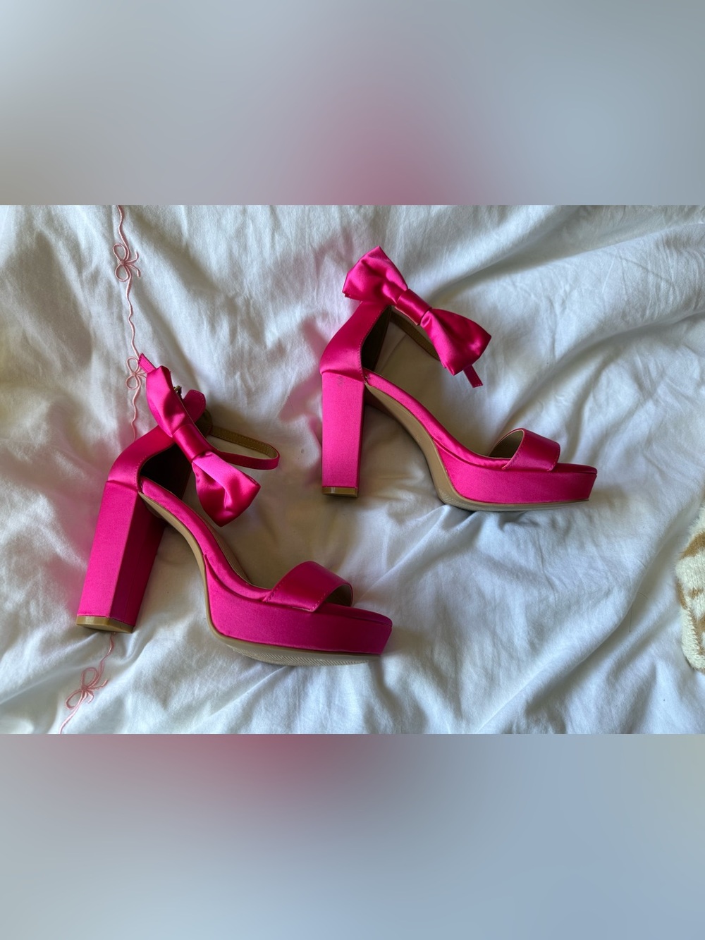Women's Hot Pink Satin Platform Block Heel Sandals with Bow